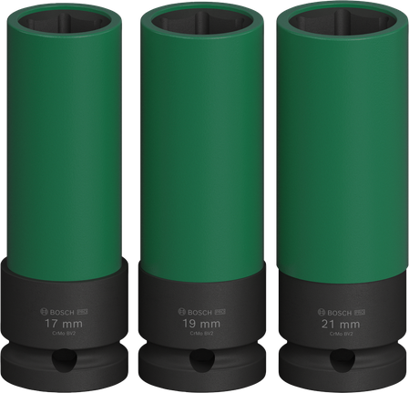 Juego de vasos de impacto Bosch PRO extra profundos de 17, 19 y 21 mm.